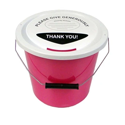 Image of 3 Charity Money Collection Buckets with Lids, Labels and Ties (5 Litres) Pink
