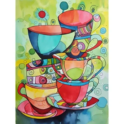 Image of Artery8 Abstract Tea Cups Folk Art Kitchen Large Wall Poster Print Thick Paper 18X24 Inch