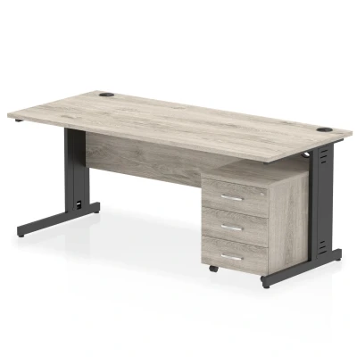 Image of Impulse 1800x800 Desk Grey Oak/Black Cable Managed 3 Drawer Mobile Ped