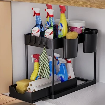 Image of AIXPI Under Sink Storage Kitchen Organiser, Bathroom 2 Tier Pull Out Cupboard Organiser shelf, Home Organisation for Cabinet