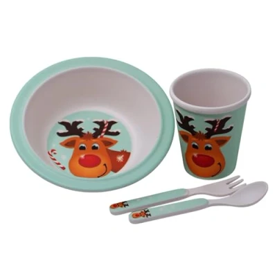Image of Kids Christmas Breakfast Set Melamine 4 Pieces Bowl Cup Fork Spoon Reindeer