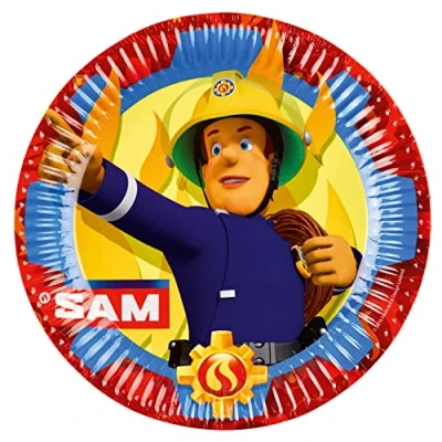Image of amscan 9902175 66 Fireman Sam Plates, Pack of 8, Diameter 23 cm, Paper, Sam, Paper Party Disposable Tableware, Children&#039;s Birthday