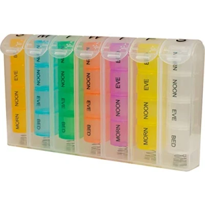 Image of 7 Day Pop Up Pill Dispenser Tablet Box Organiser, Flip Lids. 4 Compartments per Day, Morn, Noon, Eve and Bed. for Those who take Many Tablets a Day. Medication Management. Weakened Grip Friendly