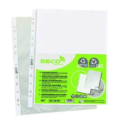 Image of Seco A4 Recycled Clear Punched Pocket 50 Micron (Pack of 100)