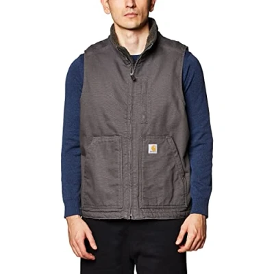 Image of Carhartt Men&#039;s Loose Fit Washed Duck Sherpa Lined Mock Neck Vest Work Utility Outerwear, Gravel, XL