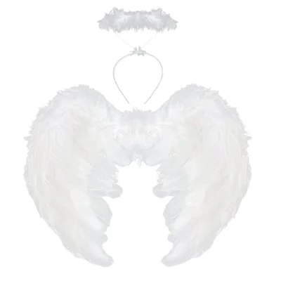Image of WEILONGB White Angel Wings and Halo, Halloween Costume，Fallen Costume for Adult Kid