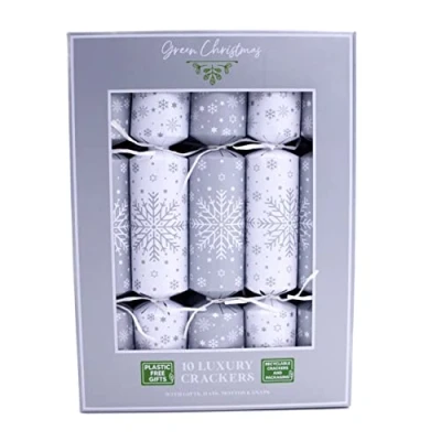 Image of RSW Pack Of 10 Fully Recyclable Luxury Christmas Crackers Silver &amp; White Snowflake Family Dinner Party 14 Inch