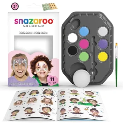 Image of Snazaroo Fantasy Face Paint Palette Kit for Kids and Adults, 8 Colours, 11pcs, Brush, Sponge, Guide, Water Based, Easily Washable, Non Toxic, Makeup, Body Painting Parties, Ages 3+