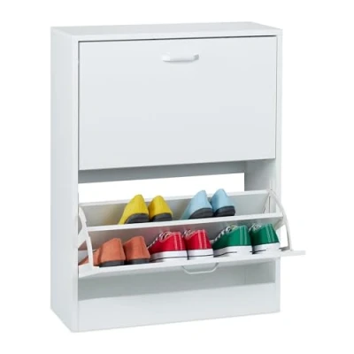 Image of Relaxdays Shoe Cabinet, HWD: 79 x 60 24 cm, 2 Flip Drawers, Footwear Storage, Slim Cupboard, Hallway Rack, White, Aluminium, Plastic, Fibreboard
