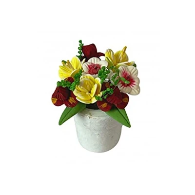 Image of Melody Jane Dolls House White Pot with Mixed Flowers Miniature Garden Accessory 1:12 Scale