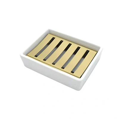 Image of Lofekea Ceramic Soap Dish Gold Stainless Steel Holder for Shower and Bathroom Double Layer Draining Box