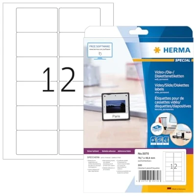 Image of HERMA Self Adhesive Video Cassette Labels, 12 Labels per A4 Sheet, 25 Sheets, 78.7 x 46.6 mm, 300 Blank VHS Face Stickers, Sticky for Laser &amp; Inkjet Printer, White