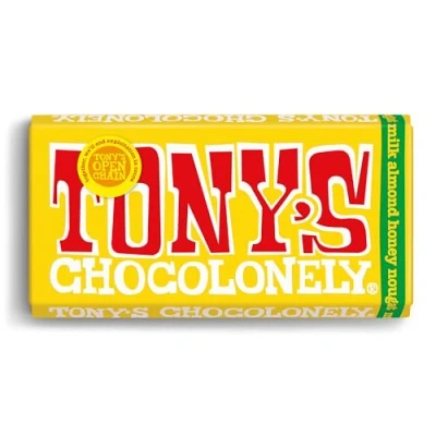 Image of Tony&#039;s Chocolonely Milk Almond Honey Nougat Chocolate Bar 180g, Chocolate, Gift, Vegetarian Belgian Fairtrade