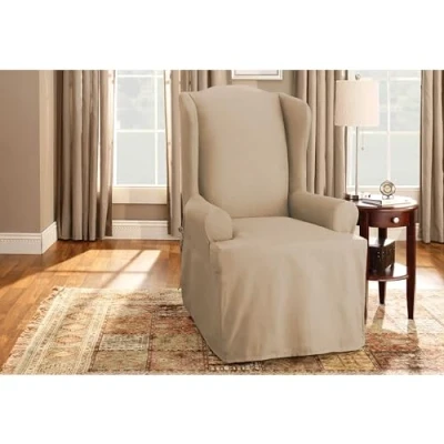 Image of Surefit Cotton Duck Wingback Chair One Piece Slipcover, Cover, Relaxed Woven Fit, 100% Cotton, Machine Washable, Tan