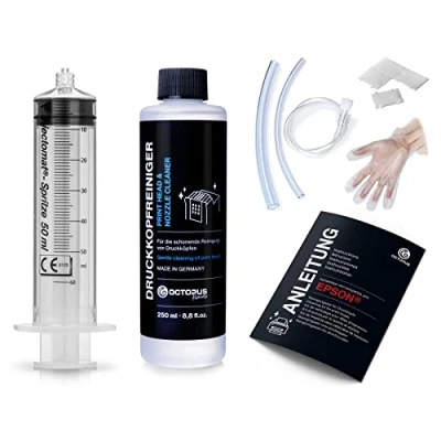 Image of Octopus nozzle cleaner, print head cleaner compatible for Epson heads with hose adapters (250 ml)