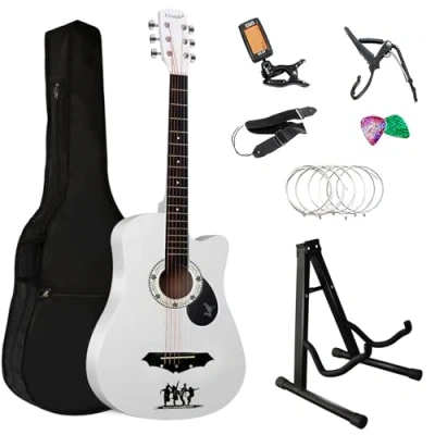 Image of Crystals Acoustic Guitar Full Package Pack with Accessories 4/4 Size 38&quot; Classic 6 Strings (White + Stand)