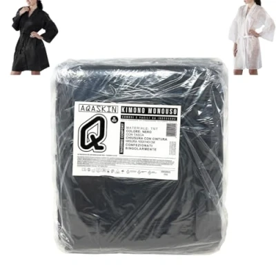 Image of AQASKIN Disposable Kimono Beautician in TNT 30 g/m2 QUANTITY DISCOUNTS Individually packaged Dimensions 100x140 cm Packs of 10pcs Pocket and Strap, Black,