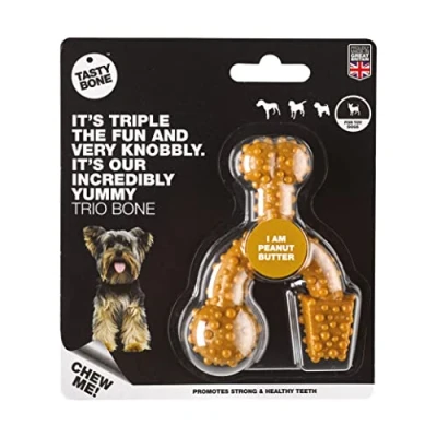 Image of TastyBone TrioBone Nylon Dog Chew Toy for Dogs (Peanut Butter) Indestructible Aggressive Chewers, Everlasting Flavour, Strong Healthy Teeth, Made in the UK