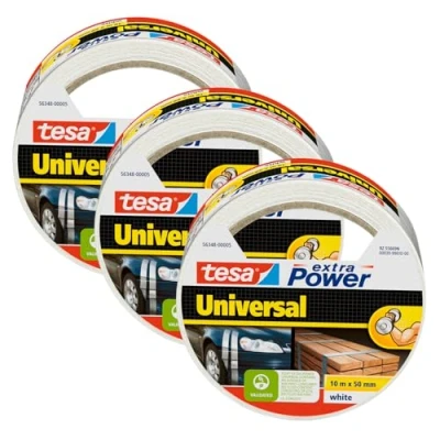 Image of tesa extra Power Universal Fabric Reinforced Duct Tape for Repairing, Fastening, Bundling, Reinforcing or Sealing White 3x 10 m x 50 mm