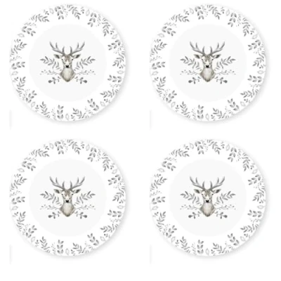 Image of YöL Set Of 4 Dinner Plates Christmas White And Grey Stag Design Porcelain Festive