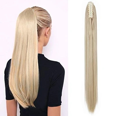 Image of Claw On Ponytail Extension Silky Straight Hair Extensions Clip In Long Wrap Around Hairpieces [26&quot; Inch, Ash Blonde Mix Bleach Blonde]