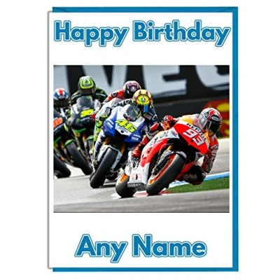 Image of AK Giftshop Motorbike Race Themed Personalised Birthday Card ADD A NAME AND AGE