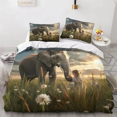 Image of OPSREY Elephant Warmth to Sleep Duvet Cover Set Hidden Zipper African Quilt with Pillowcases Bedding Soft Microfiber Comforter Various Sizes King（220x240cm）