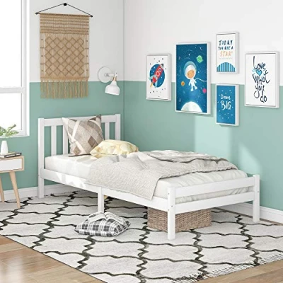 Image of Merax White Solid Wooden Bed Frame Single 3ft Bedroom Furniture for Adults, Kids, Teenagers 90 x 190 cm