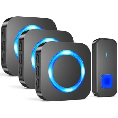 Image of SURFOU Wireless Doorbell, Waterproof Cordless Remote Door Bells Chime Battery Operated at 1300ft Range, Doorbells Kit with 1 Push Button 3 Plug in Receivers 55 Ringtones 5 Volume LED Flash