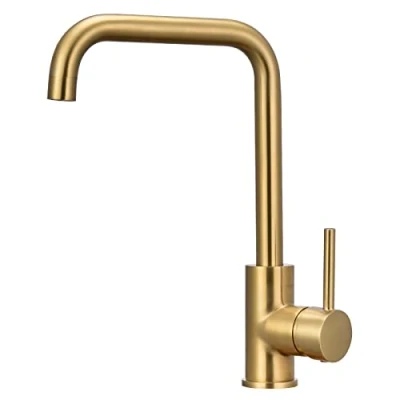 Image of Kitchen Sink Mixer Tap Gold 360 Swivel Spout with Aerator Rectangle Design Single Lever Monobloc Faucet Mono Taps Mixers Brushed 1 Hole in