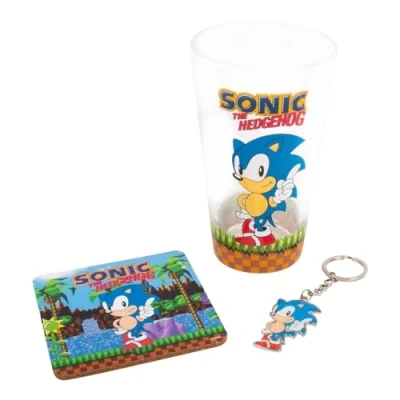 Image of Fizz Creations Sonic The Hedgehog Keyring, Glass and Coaster Gift Set. 3 in 1 480ml Capacity Drinking Glass. Officially Licensed Retro Games Merchandise.