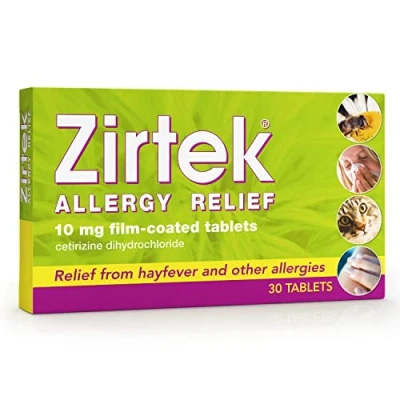 Image of Zirtek Allergy Relief, Pack of 30 Tablets Hayfever, Dust, Pets, and Hives Cetirizine Antihistamine Tablet Helps Relieve Allergic Symptoms for Adults Children Over 6 Years