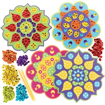 Image of Baker Ross FE840 Rangoli Sequin Craft Kits Pack of 4, Make Your Own Childrens Art Set,Blue,Green,Orange,Purple,Red