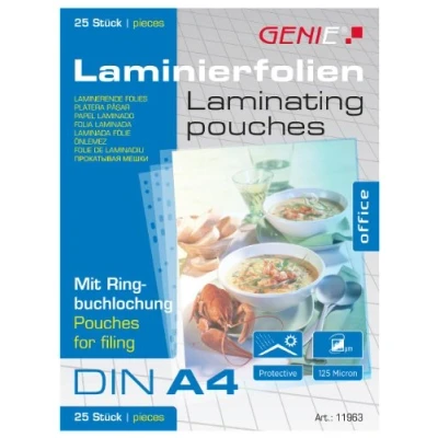 Image of Genie A4 Laminating Pouches with Margin and Perforations Pack of 25 Transparent