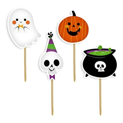 Image of Anniversary House 12 pcs Halloween Cupcake Toppers, Cake Decorations, 4.5cm Spooky Party Decoration, Bamboo Pick, Ghost Pumpkin, Skull and Cauldron J179