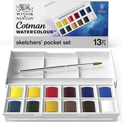 Image of Winsor &amp; Newton, Cotman Watercolour, &#039;Sketchers&#039; Pocket Set&#039; , 12 x Half Pans + 1 Travel Brush, Pack of