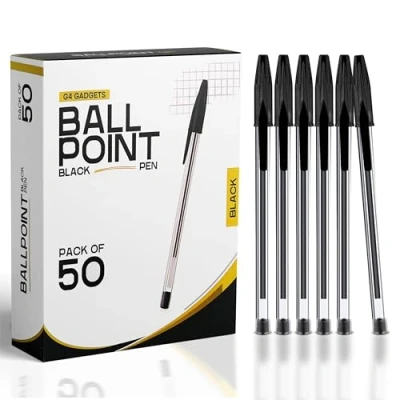Image of G4GADGET Pack of 50 Black Pens Medium Tip Fluent Smooth Writing Biro Ballpoint