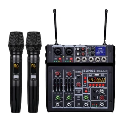 Image of BOMGE 04E karaoke Audio mixer,4 Channel Mixer With Dual UHF Wireless Mic, Sound Board Console MP3 Bluetooth 48V Phantom Power USB Interface DJ Mixing for Party Computer Studio Recording