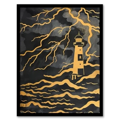 Image of Artery8 Lighthouse Lightning Storm Gold Contrast Painting Bathroom Toilet Artwork Framed Wall Art Print A4