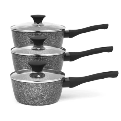 Image of Salter BW05751S Megastone 3 Piece Pan Set Non Stick Cooking Pots, Induction Hob Suitable, 16/18/20 cm Saucepans, Durable Forged Aluminium Cookware, Includes Tempered Glass Lids, Dishwasher Safe
