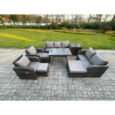 Image of Outdoor Rattan Garden Furniture Set 10 Seater Patio Lounge Sofa with Dining Table 3 Footstools Side Dark Grey Mixed Fimous