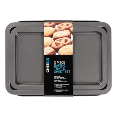 Image of Chef Aid 3 Piece Baking Tray and Sheet Set, Grey