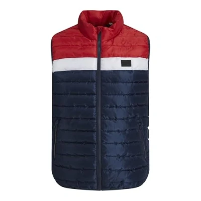 Image of Jack &amp; Jones Mens Puffer Gilet with Stand Up Collar Lightweight Navy/Red Size 2XL
