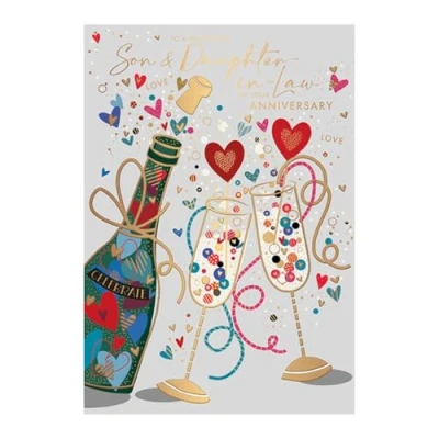 Image of Wonderful Son and Daughter In Law Anniversary Card Champagne Love Hearts with Embossed Foil Details Eco Friendly by Words Wishes