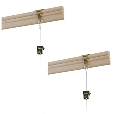 Image of Picture Hanging Brass Moulding Hooks with Perlon Clear Cable Cord &amp; Zipper Traditional Dado Rail Hook for Frame Art Work Wire Rope Kit Pack of 2.