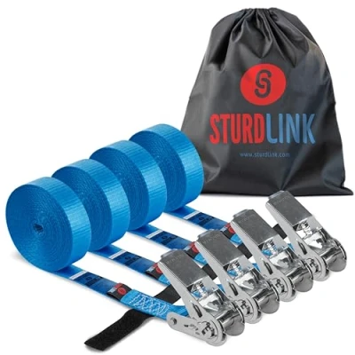 Image of Ratchet Straps 25mm 5m Without Hook LC 800daN Pack x4 Lashing Systems for Car Roof Rack, Bike Canoe/Kayak/Surf Board Truck Trolley, Moving EN 12195 2 Sturdlink
