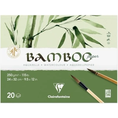 Image of Clairefontaine 975913C Bamboo Glued Pad 2 Sides 20 Sheets 100% Natural White Watercolor Paper Vegan Finely Marked Grain Professional Quality 24x32 cm 250g