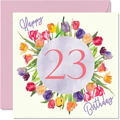 Image of Beautiful 23rd Birthday Cards for Women Watercolour Tulips Flowers Bouquet Happy Card Her Daughter Auntie Sister Friend Gifts, 145mm x Lovely Floral Greeting Gift