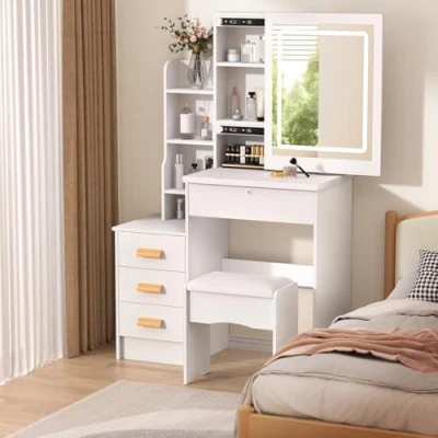Image of gibxiyza Dressing Table Vanity Desk Bedroom Tables Makeup White with Mirror and Drawers Make Up Lights &amp; Shelves