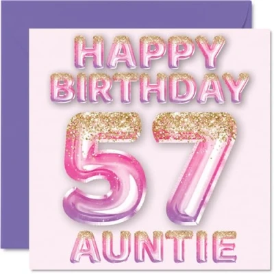 Image of 57th Birthday Card for Auntie Pink &amp; Purple Glitter Balloons Happy Cards 57 Year Old Aunt Aunty from Nephew Niece, 145mm x Bday Greeting Gift